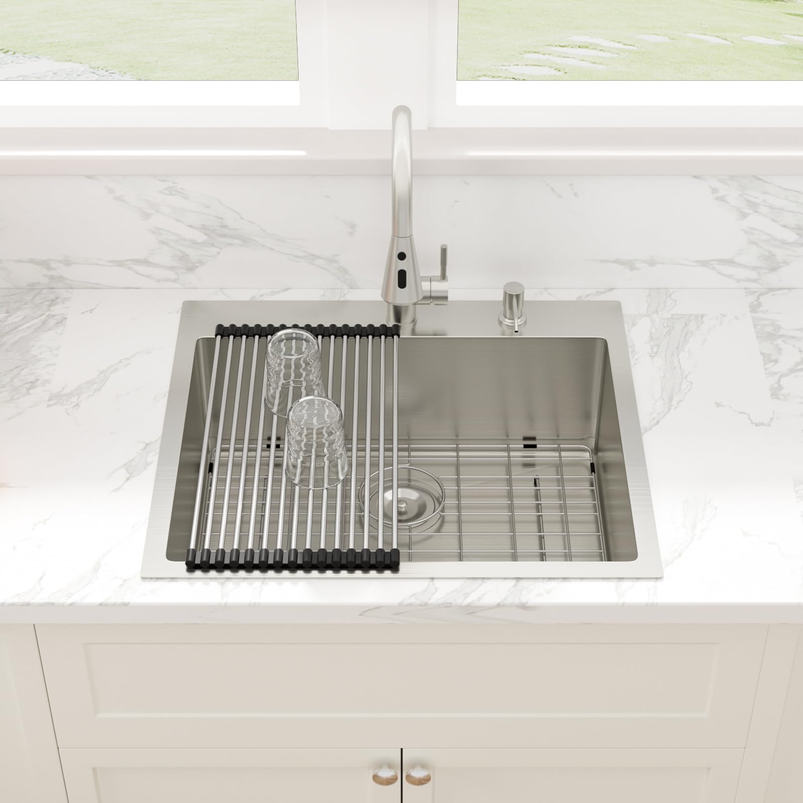 Sarlai 25''x22'' Deep Drop-In Stainless Steel Kitchen Sink, 16 Gauge Topmount Single Bowl with Cup Rinser, Soap Dispenser & Faucet