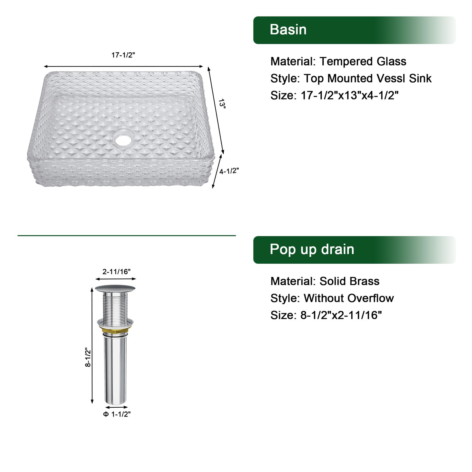 Sarlai 17.5''x13'' Diamond Rectangular Tempered Glass Bathroom Vessel Sink, Countertop Basin with Pop-up Drain Combo