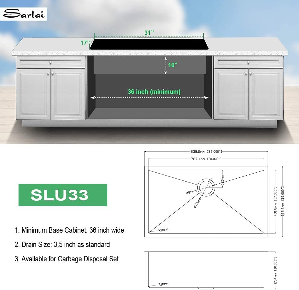 33 Undermount Kitchen Sink - Sarlai 33x19 Inch Kitchen Sink Undermount Single Bowl Stainless Steel 16 Gauge Under Counter Sink Basin