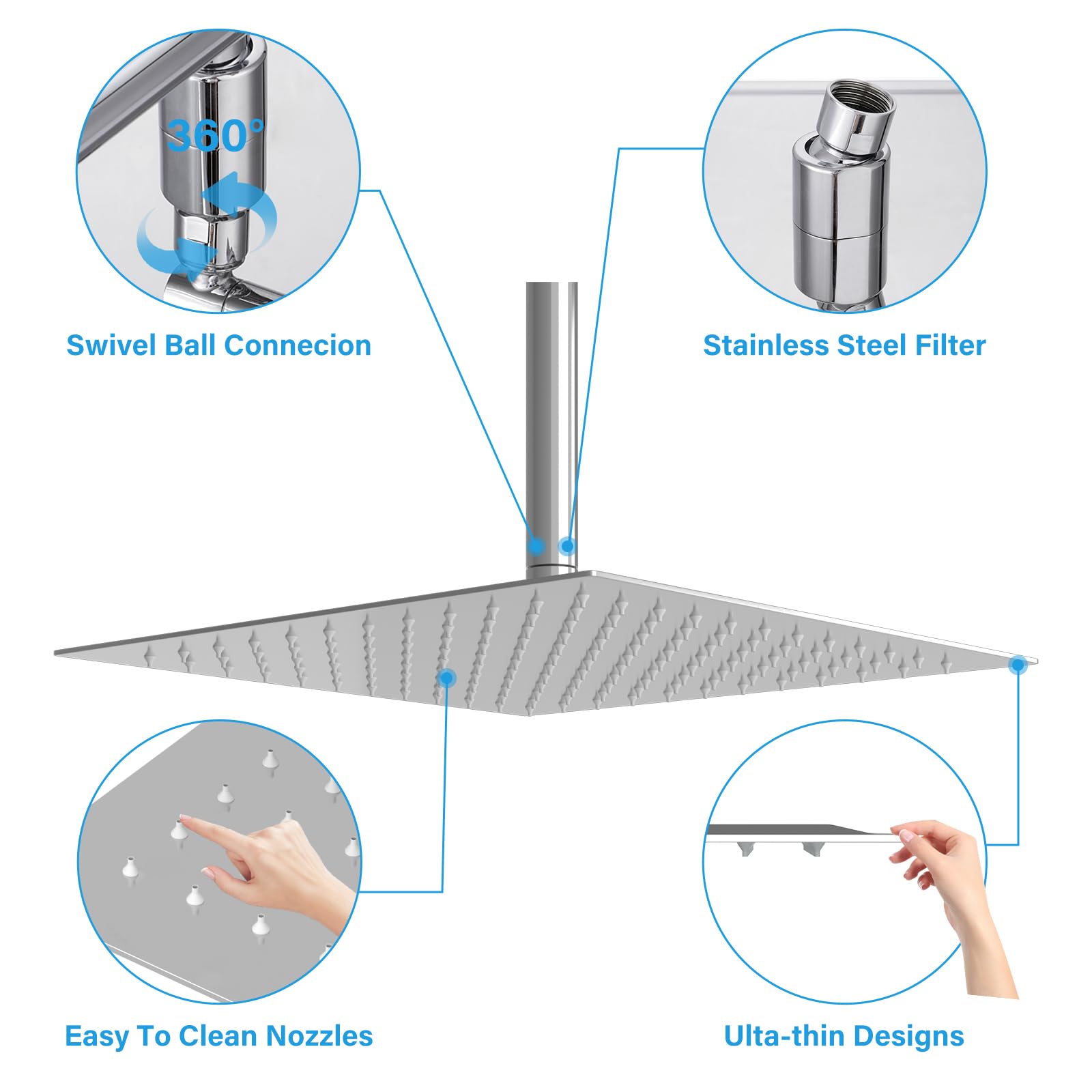 Sarlai 16'' Stainless Steel Square High-Pressure Rain Shower Head