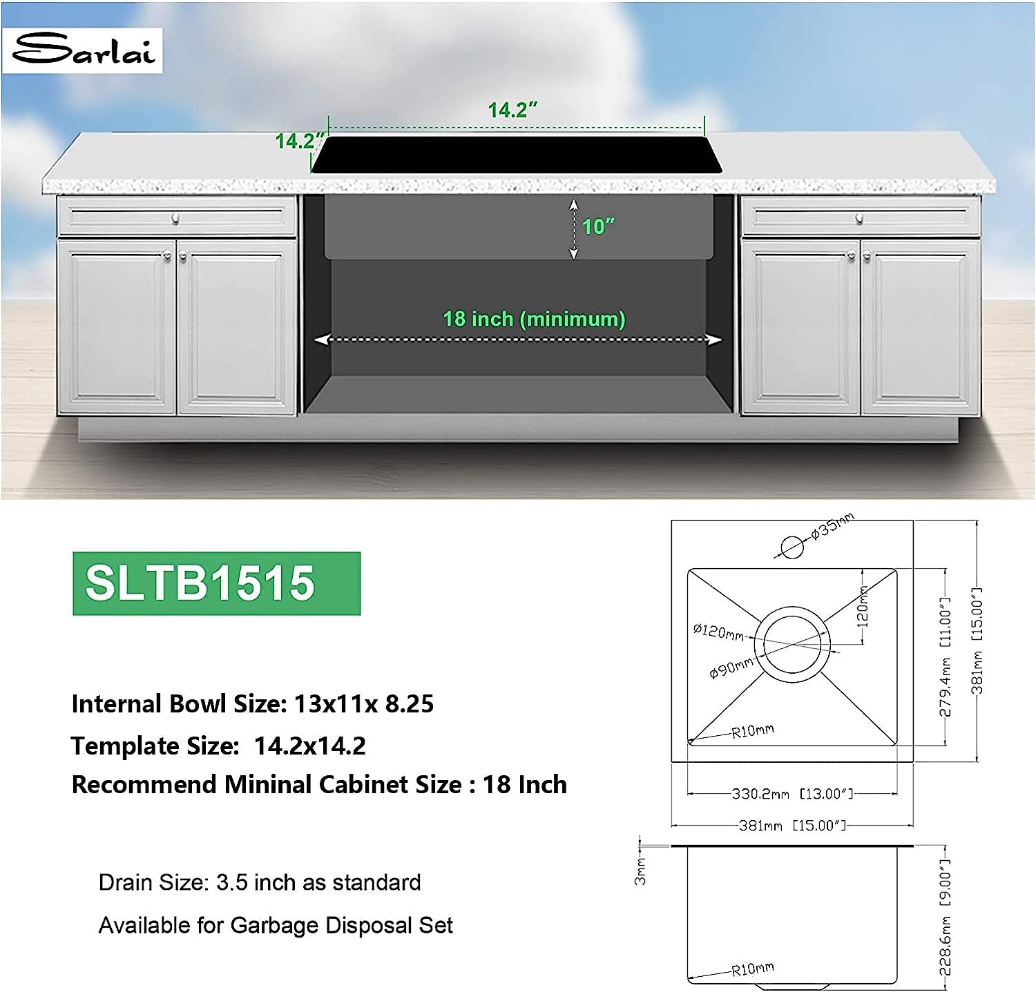Sarlai 15'' x 15'' Stainless Steel Single Bowl Drop In Prep RV Bar Sink