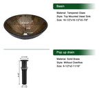 Sarlai 16.5''x16.5'' Brown Round Tempered Glass Bathroom Vessel Sink, Countertop Basin with Pop-up Drain Combo