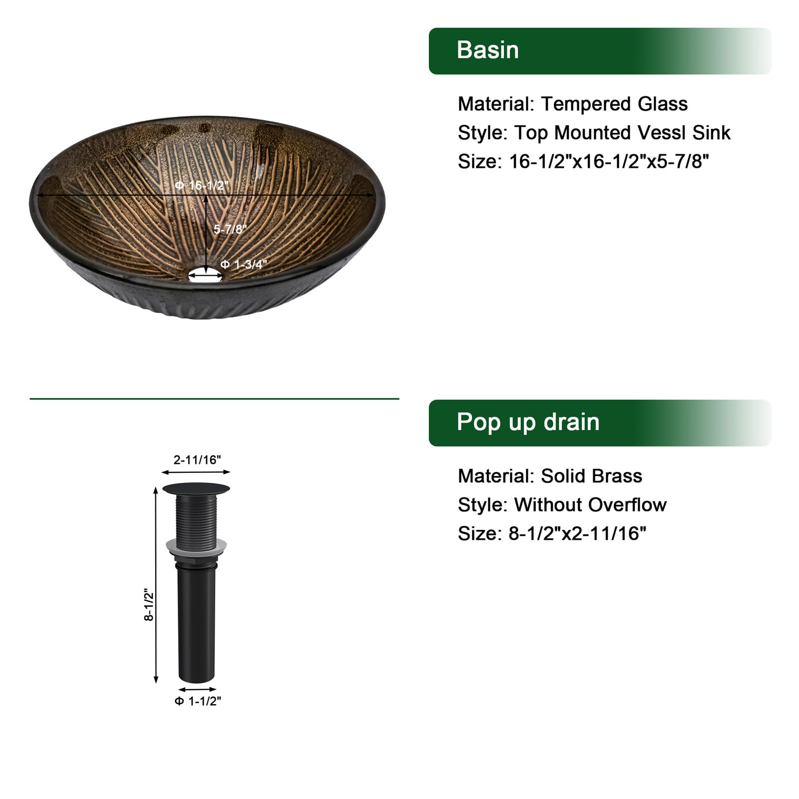 Sarlai 16.5''x16.5'' Brown Round Tempered Glass Bathroom Vessel Sink, Countertop Basin with Pop-up Drain Combo