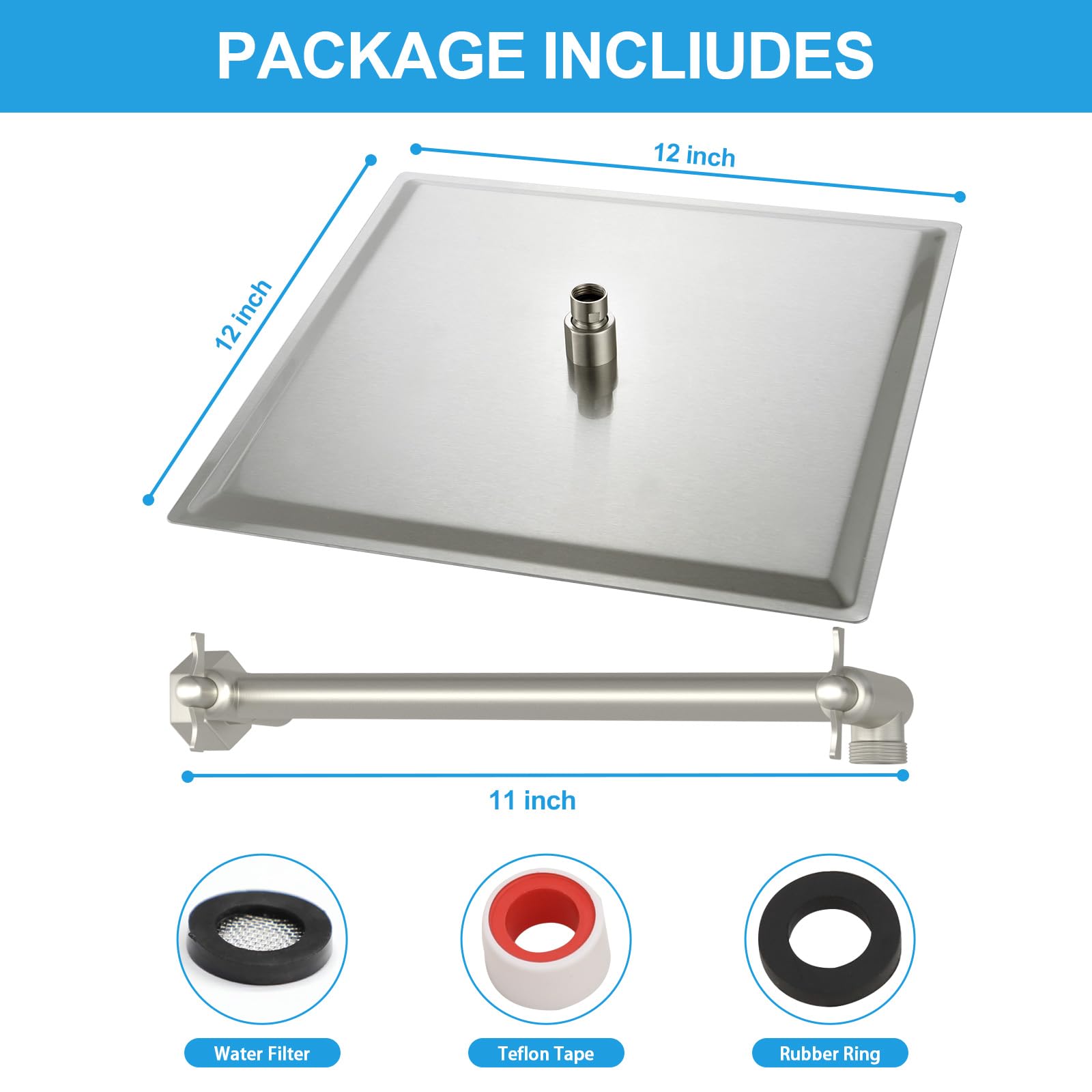 Sarlai 12'' Solid Square Ultra Thin 304 Stainless Steel Rain Shower Head, Brushed Nickel Finish with 11'' Solid Brass Adjustable Extension Shower Arm
