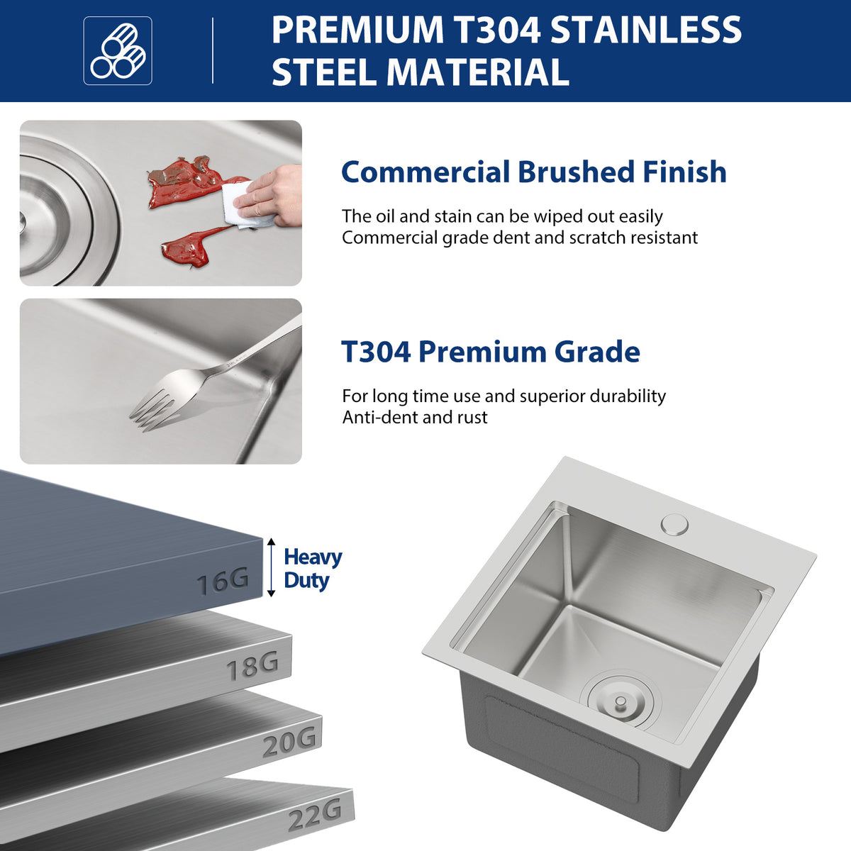 Sarlai 15''x15'' Drop In Workstation Bar Sink 16 Gauge SUS304 Stainless Steel Single Bowl Topmount Prep Sink with Accessories