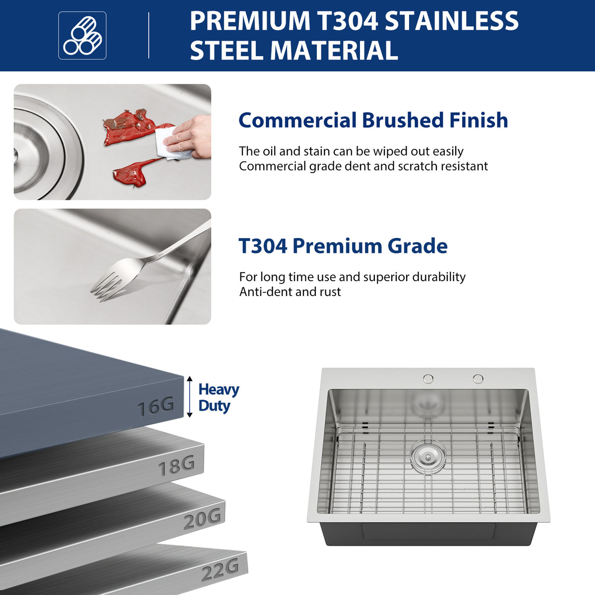 Sarlai 30''x22''Drop In Workstation Kitchen Sink 16 Gauge SUS304 Stainless Steel Single Bowl Topmount Sink with Accessories
