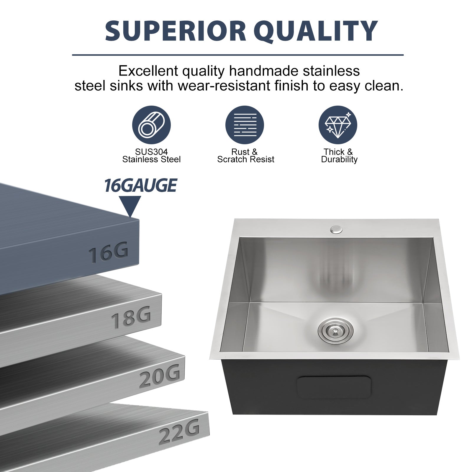 Sarlai 22'' Drop-In Laundry & Utility Kitchen Sink - 16 Gauge T304 Stainless Steel 22'' x 22'' x 12''