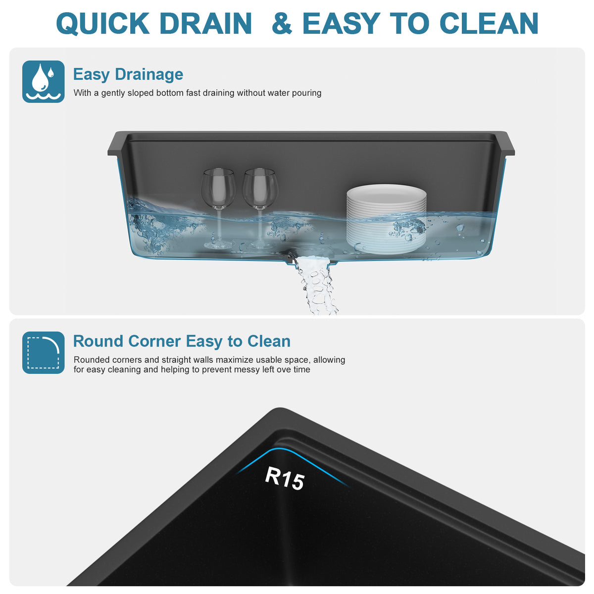Sarlai 30in Black Quartz Composite Undermount Workstation Kitchen Sink