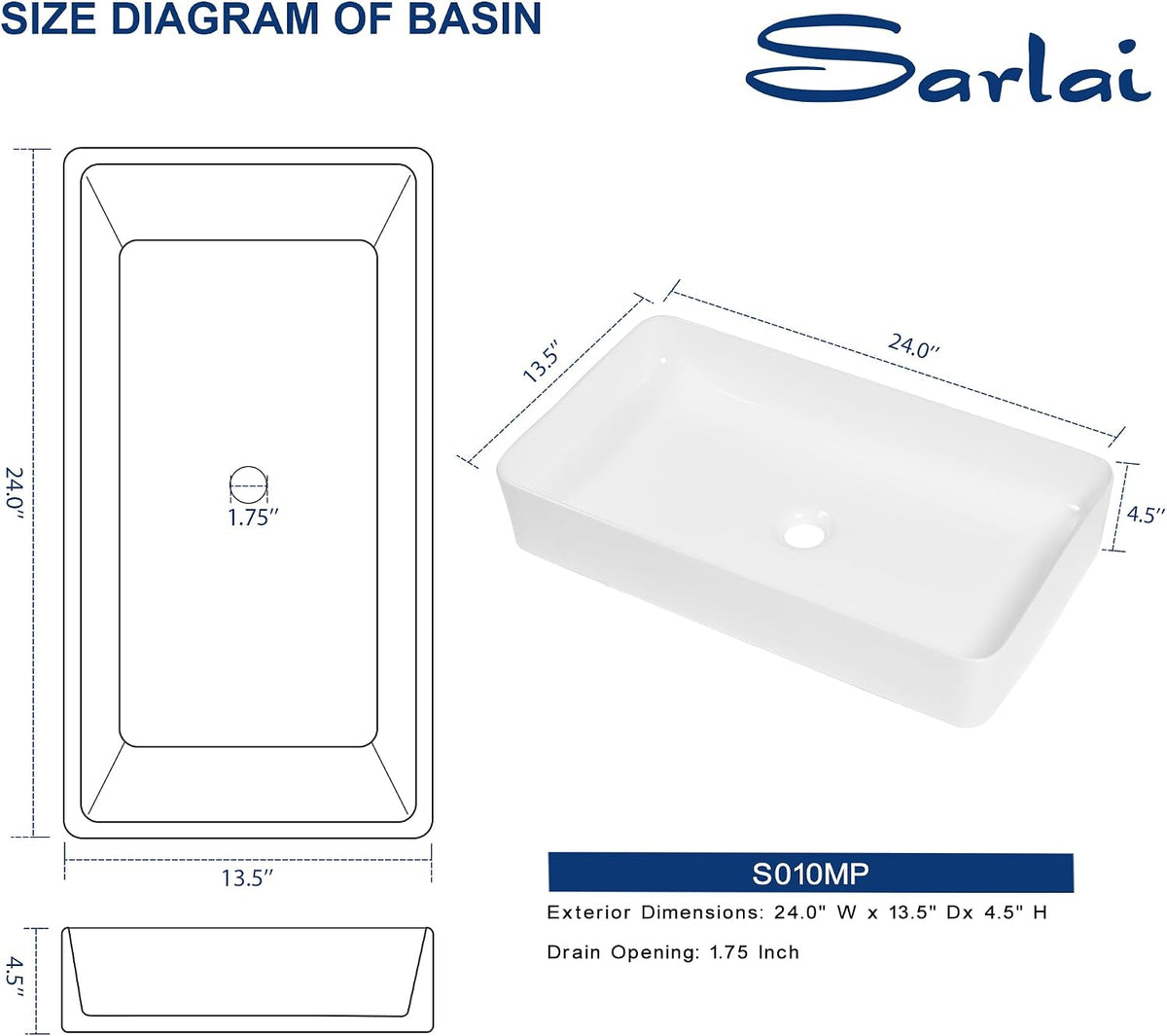 Sarlai 24''Rectangular White Ceramic Vessel Sink Above Counter Bathroom Sink