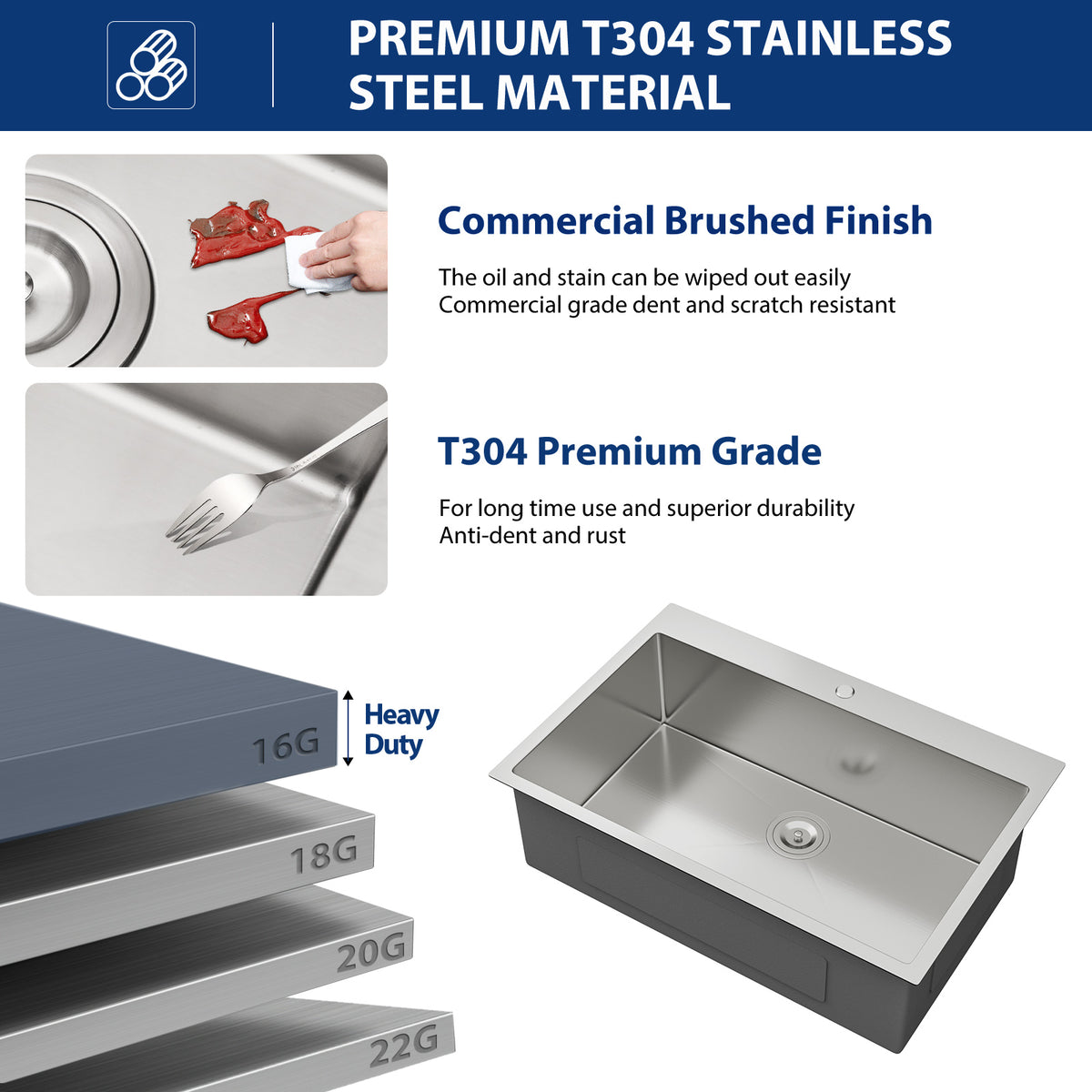 Sarlai 33''x22'' Drop In Kitchen Sink Single Bowl 16 Gauge SUS304 Stainless Steel Topmount Kitchen Sink