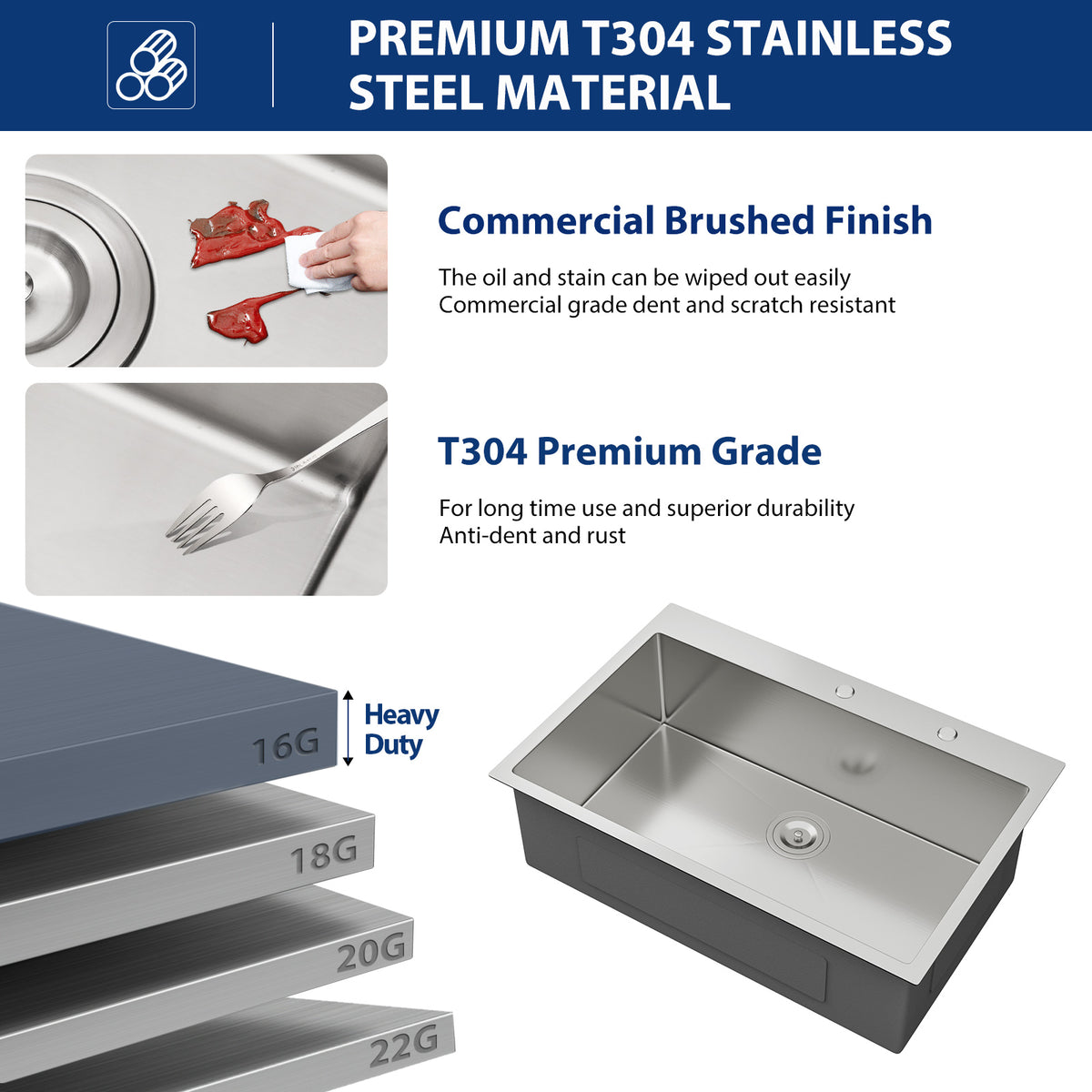 Sarlai 33''x22''Drop In Workstation Kitchen Sink 16 Gauge SUS304 Stainless Steel Single Bowl Topmount Sink with Accessories