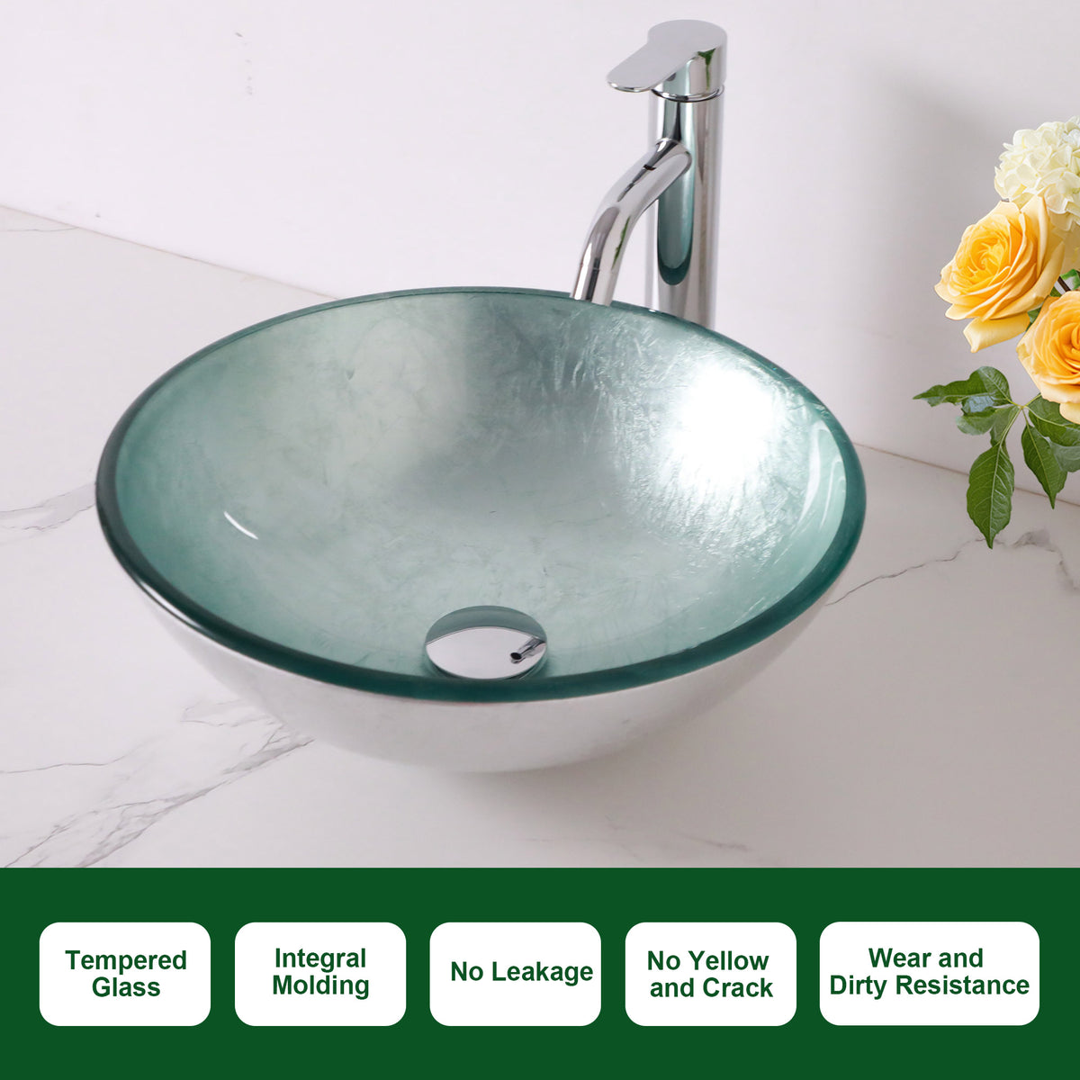 Sarlai 16 Inch Round Silver Foil Tempered Glass Vessel Sink Above Counter Bathroom Basin
