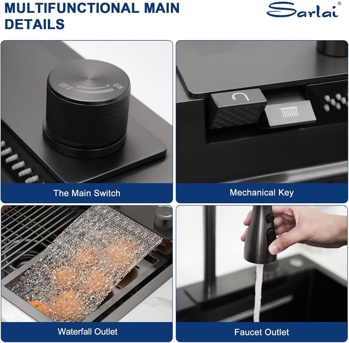 Sarlai 33 Inch Gunmetal Black Waterfall Workstation Drop In Kitchen Sink with Faucet & Glass Rinser