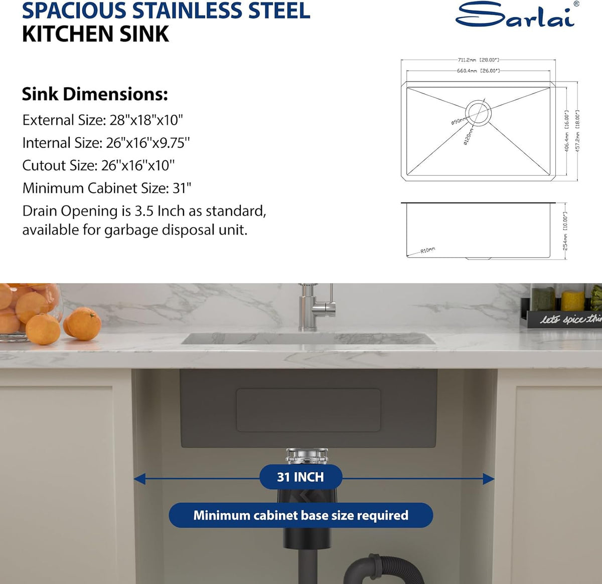 Sarlai 28'' Undermount Stainless Steel Single Bowl Kitchen Sink