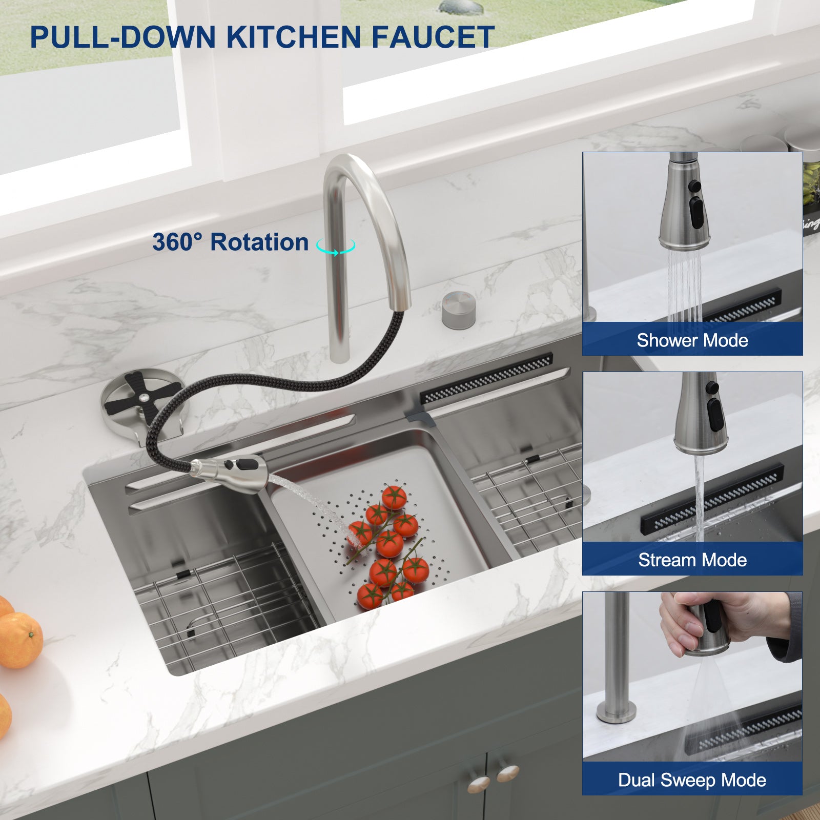 Sarlai 33'' Waterfall Undermount Workstation Sink - 16 Gauge Stainless Steel Single Bowl with Pull-Down Faucet