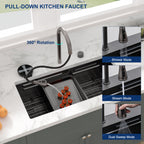 Sarlai 33'' Gunmetal Black Waterfall Workstation Sink - 16 Gauge Undermount Single Bowl with Pull-Down Faucet