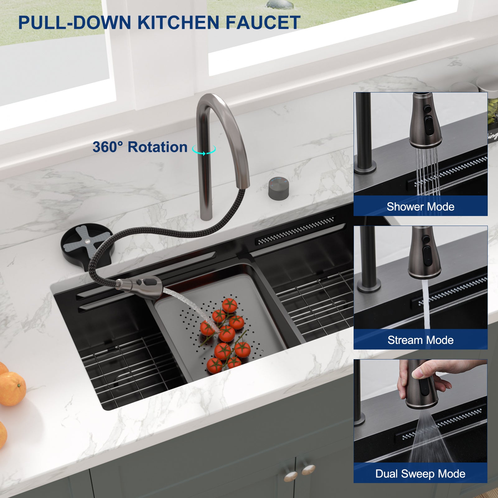 Sarlai 33‘’ Gunmetal Black Waterfall Workstation Sink - 16 Gauge Undermount Single Bowl with Pull-Down Faucet