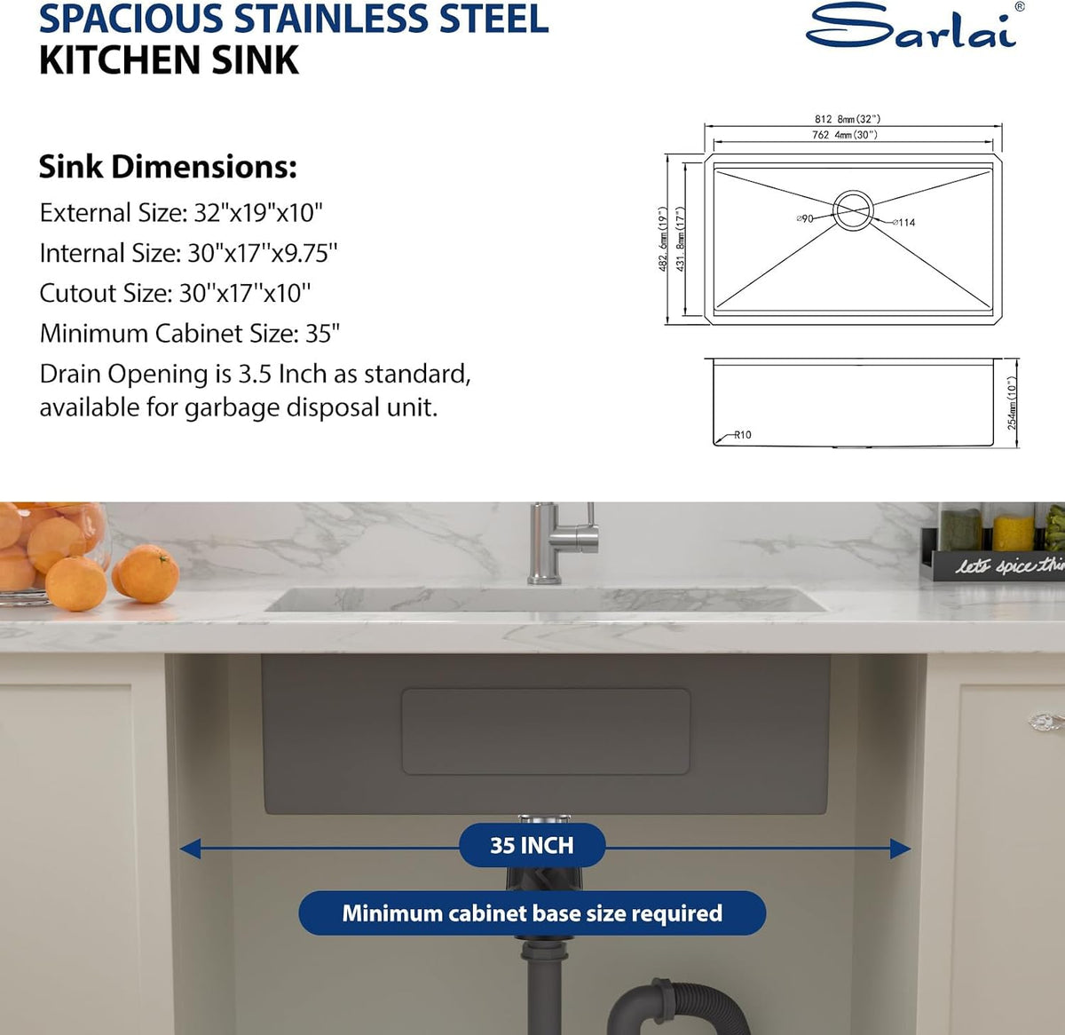 Sarlai 32‘’x19‘’Stainless Steel Single Bowl Undermount Workstation Kitchen Sink