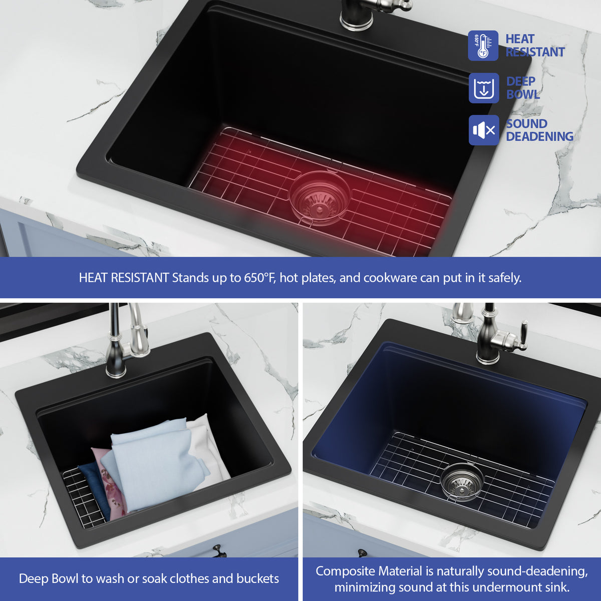 Sarlai 23''x20''Drop-In Quartz Laundry Sink Black Granite Composite Utility Workstation Sink