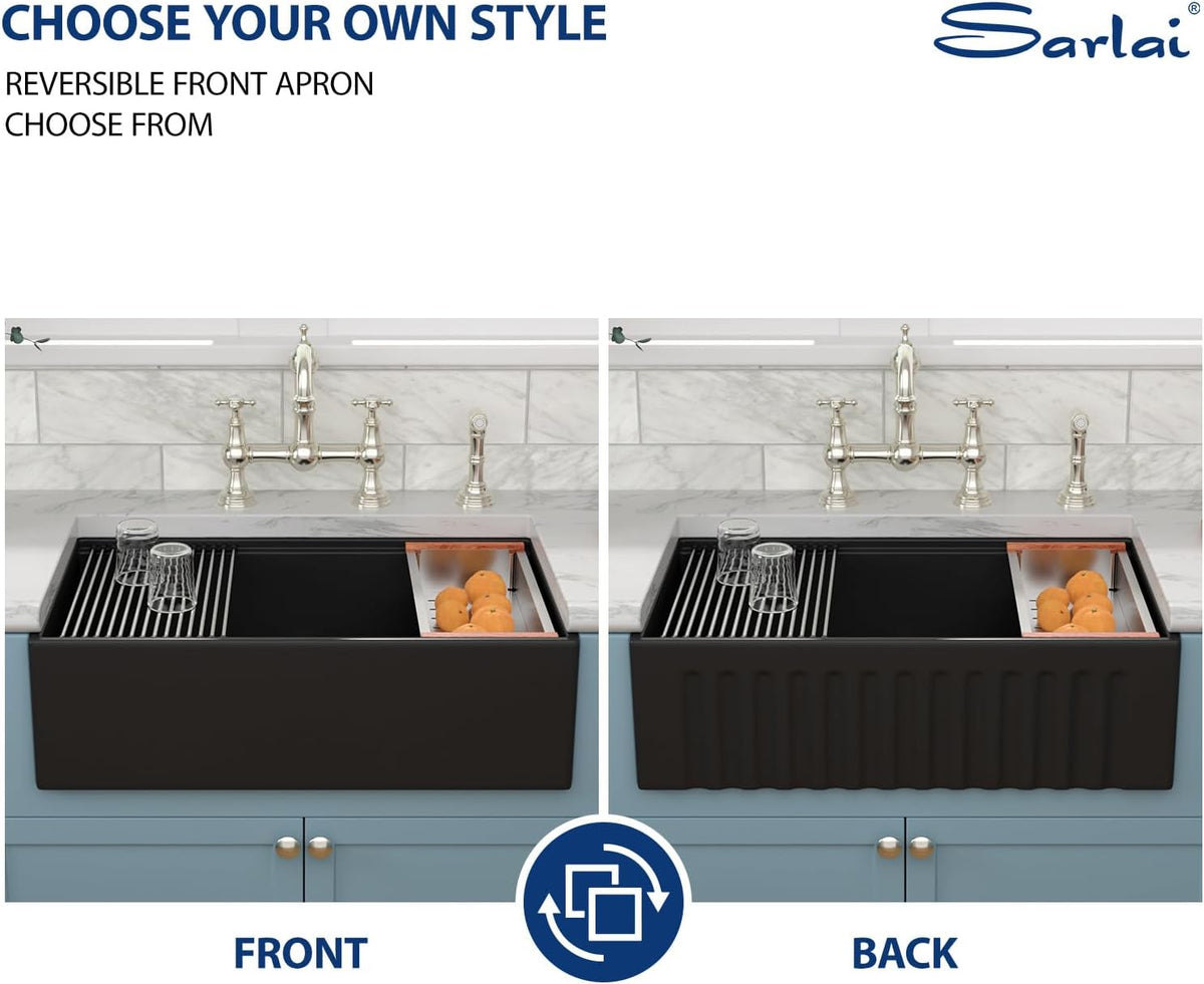 Sarlai 33''x20'' Black Reversible Apron Fireclay Workstation Farmhouse Sink