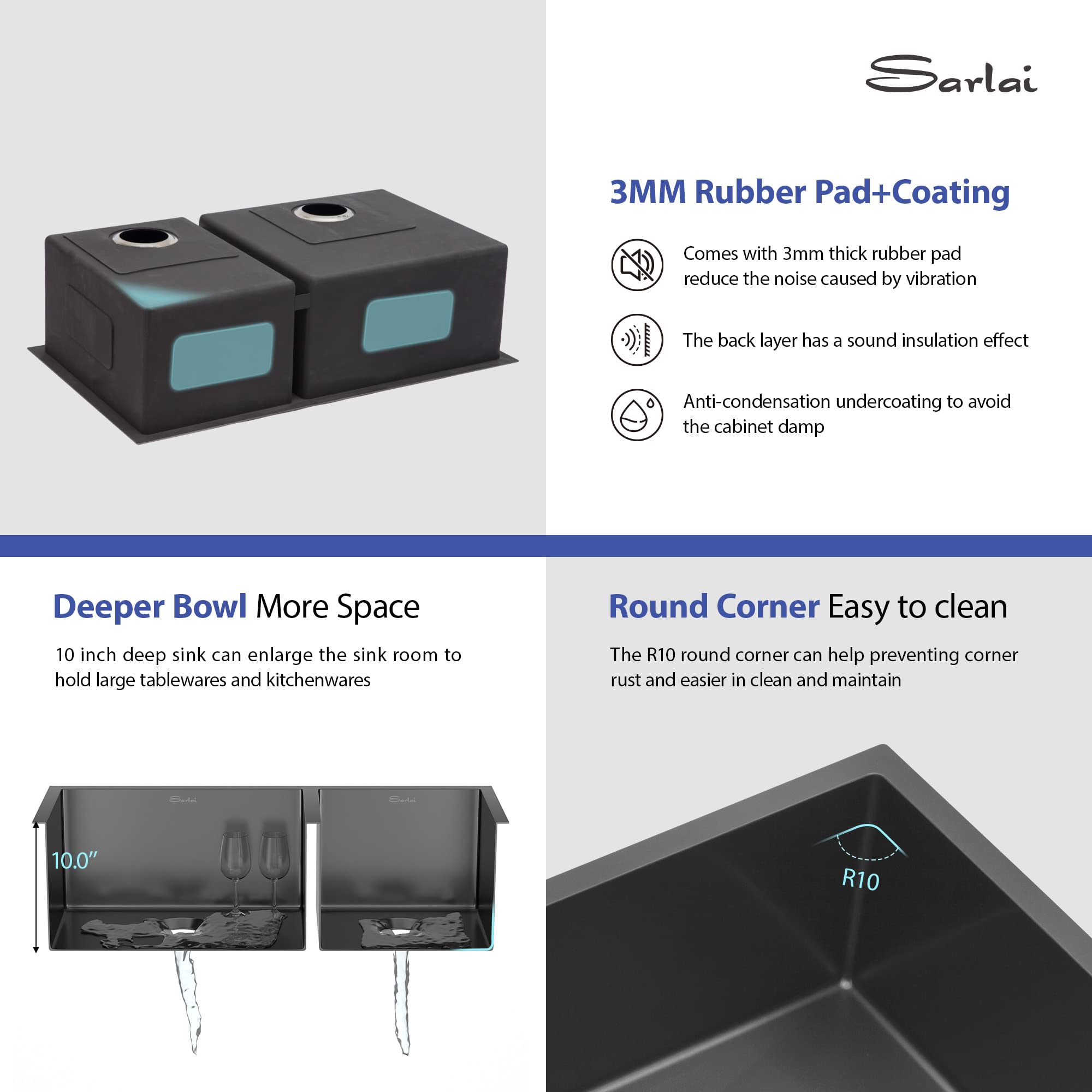 Sarlai 33'' Double Bowl Stainless Steel Gunmetal Black Kitchen Sink