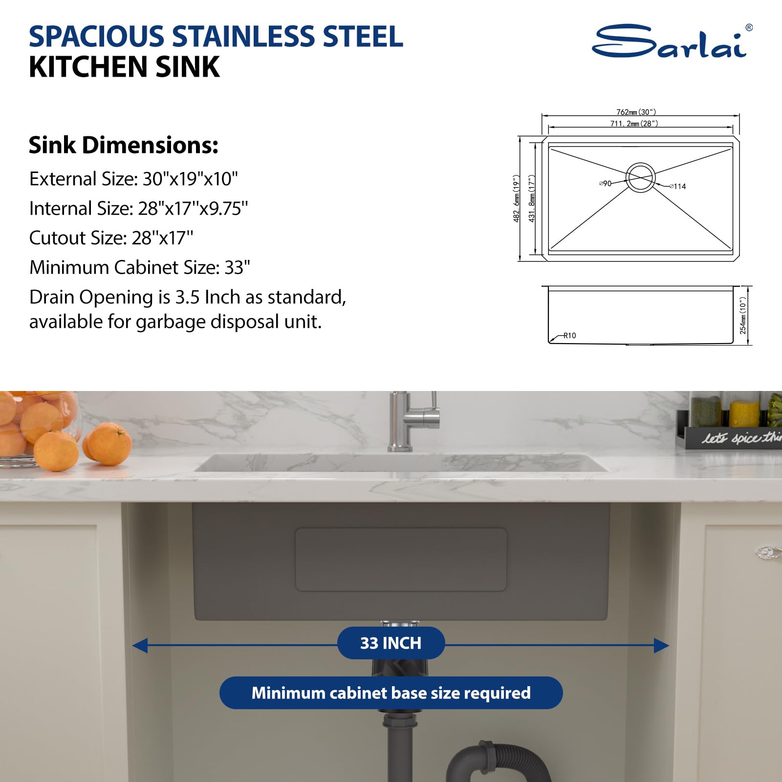 Sarlai 30in Undermount Gunmetal Black Single Bowl Stainless Steel Workstation Kitchen Sink