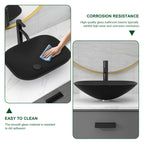 Sarlai 18.5''x14.38'' Matte Black Tempered Glass Bathroom Vessel Sink, Countertop Basin with Faucet & Pop-up Drain Combo