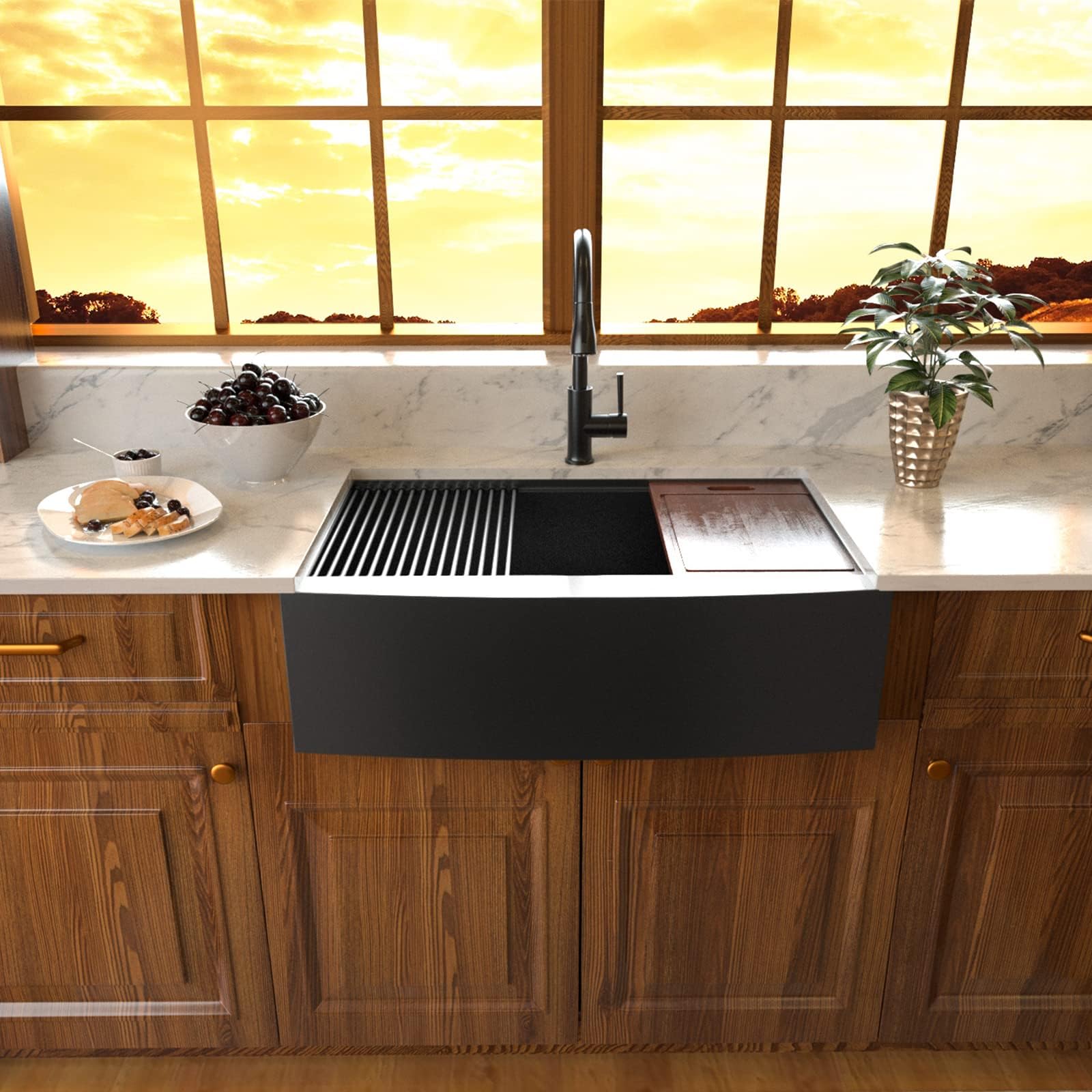 Sarlai 33'' Stainless Steel Single Bowl Black NANO PVD Workstation Farmhouse Sink