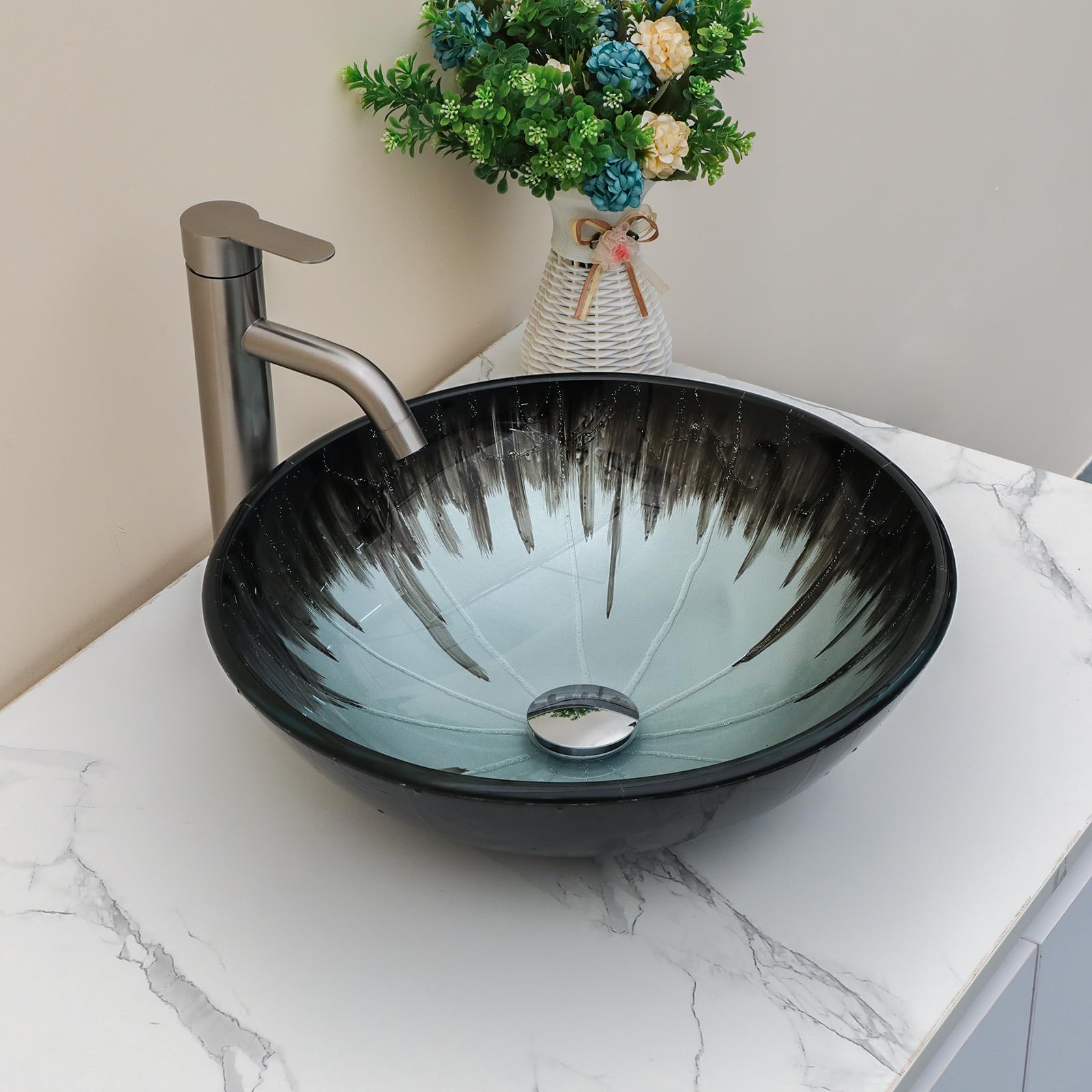 Sarlai 16.5''x16.5'' Black Round Tempered Glass Bathroom Vessel Sink, Countertop Basin with Pop-up Drain Combo Main image