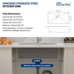 Sarlai 35in Undermount Single Bowl Stainless Steel Kitchen Sink