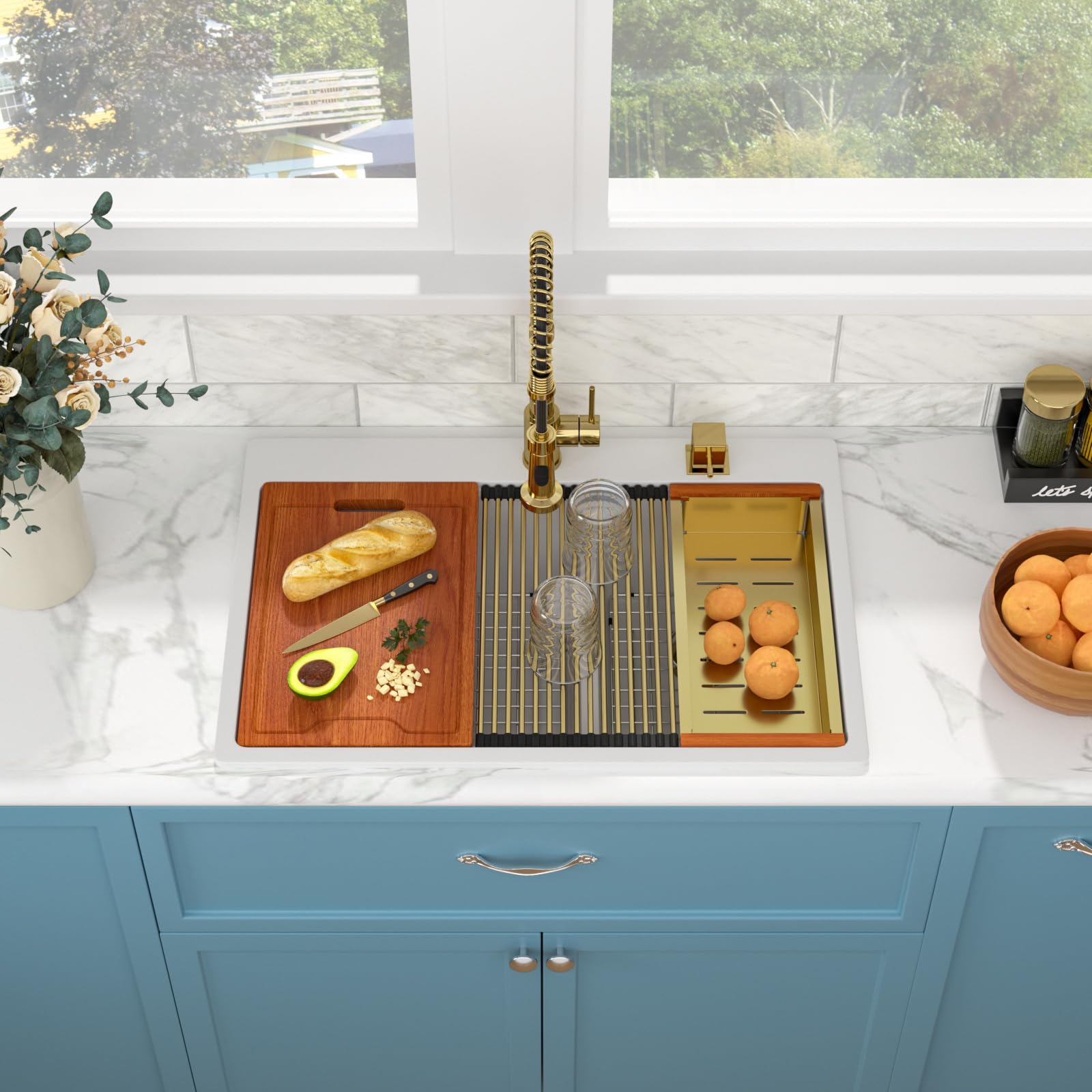 Sarlai 33''x22'' 60/40 Low Divide Double Bowl White Granite Composite Kitchen Sink, Drop-In Ledge Workstation Quartz Composite Above Counter Basin with Gold Accessories