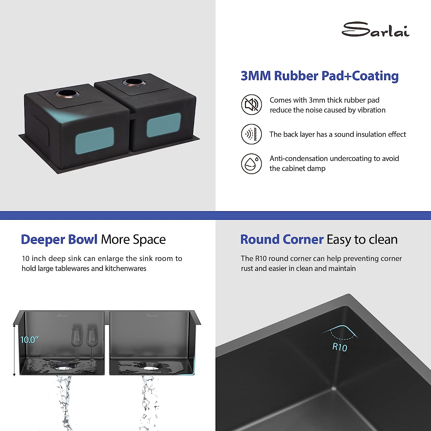 Sarlai 33in Undermount Double Basin 50/50 Gunmetal Black Stainless Steel Kitchen Sink