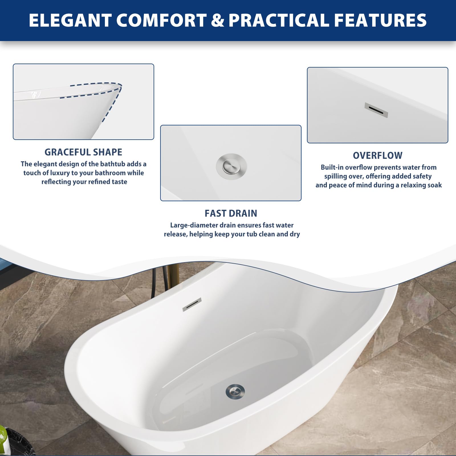 Sarlai Modern Dual-Back White Acrylic Freestanding Bathtub