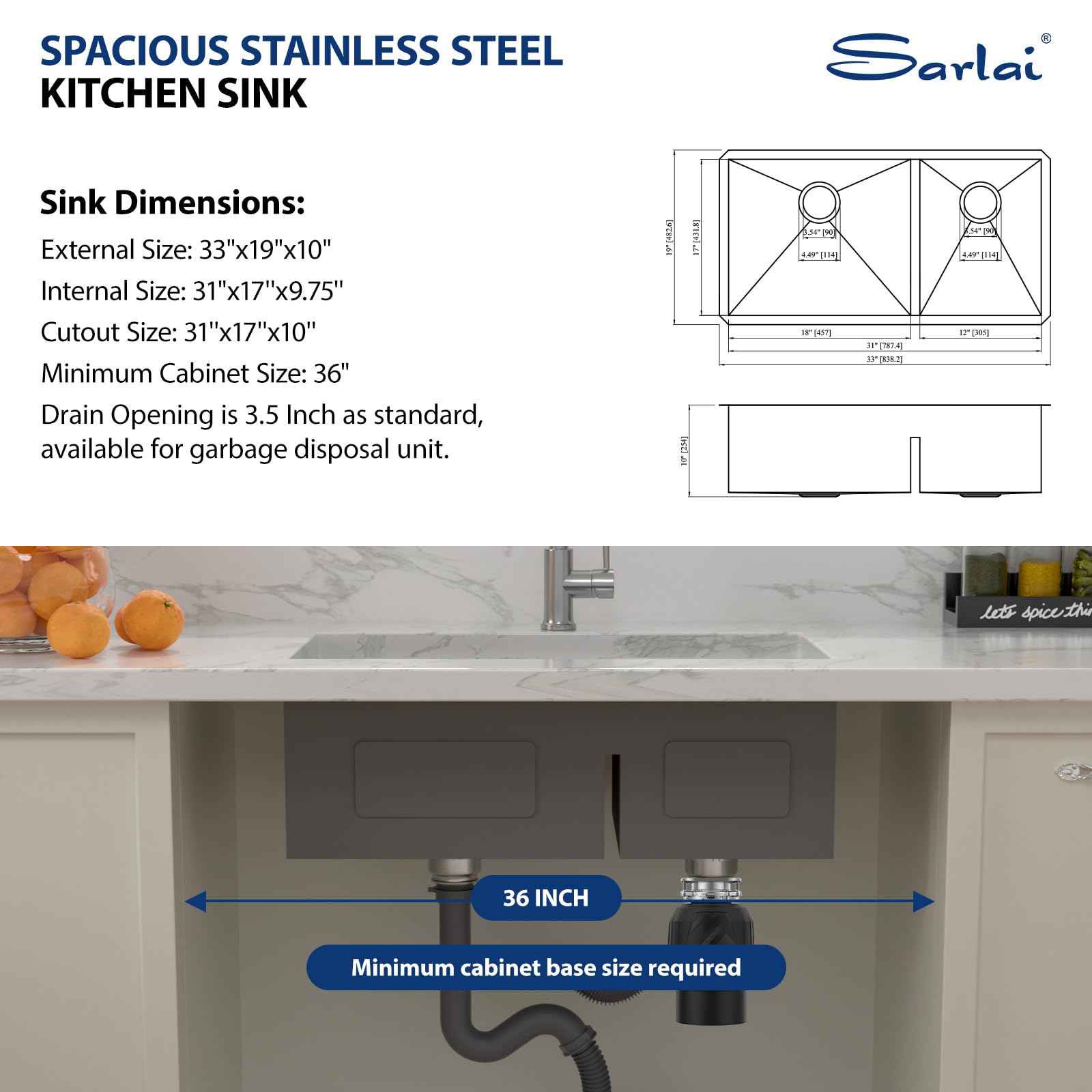 Sarlai 33'' x 19'' Stainless Steel Double Bowl Low Divide Undermount Kitchen Sink