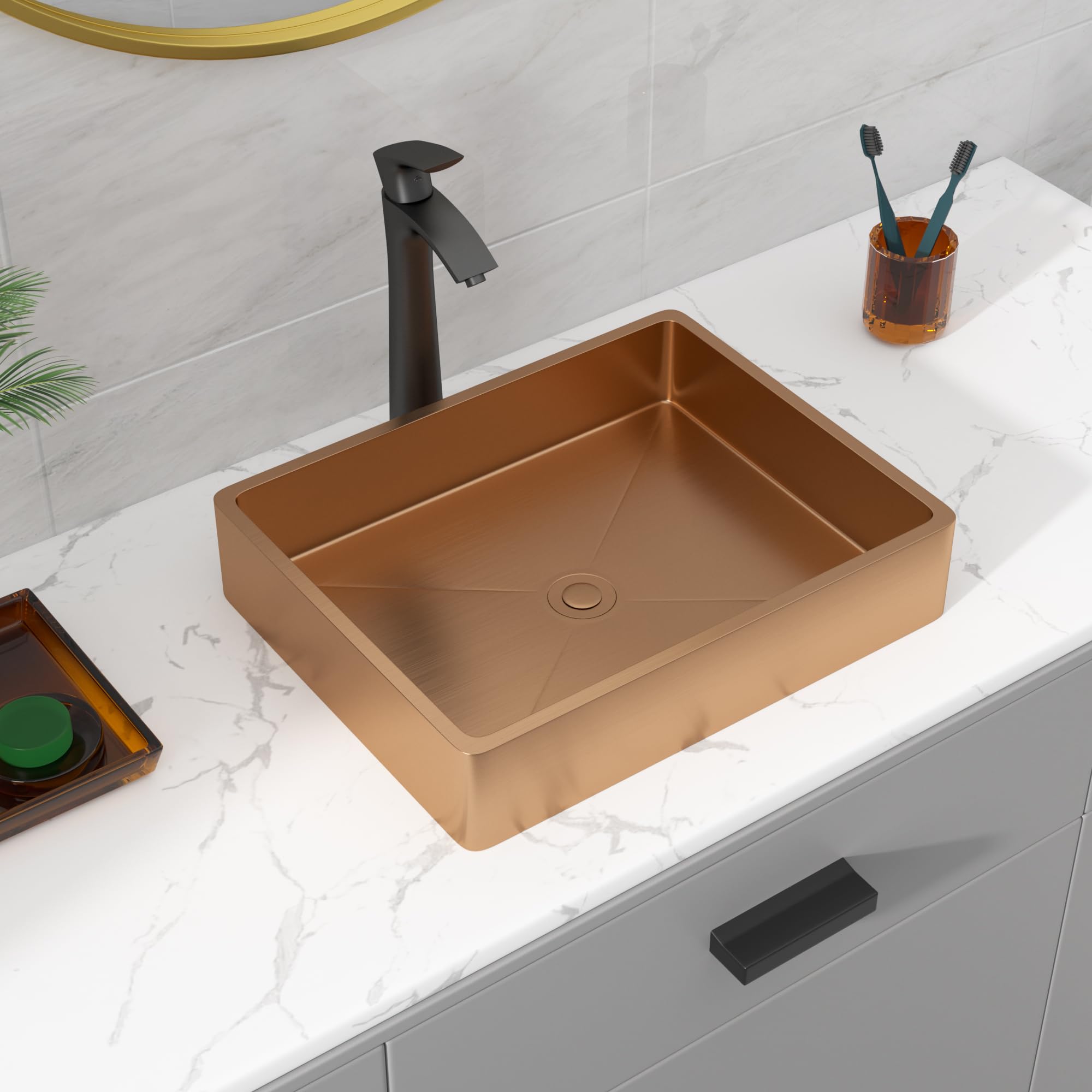 Sarlai 19'' x 15'' Stainless Steel Vessel Rectangular Bathroom Sink with Pop-Up Drain-Rose Gold