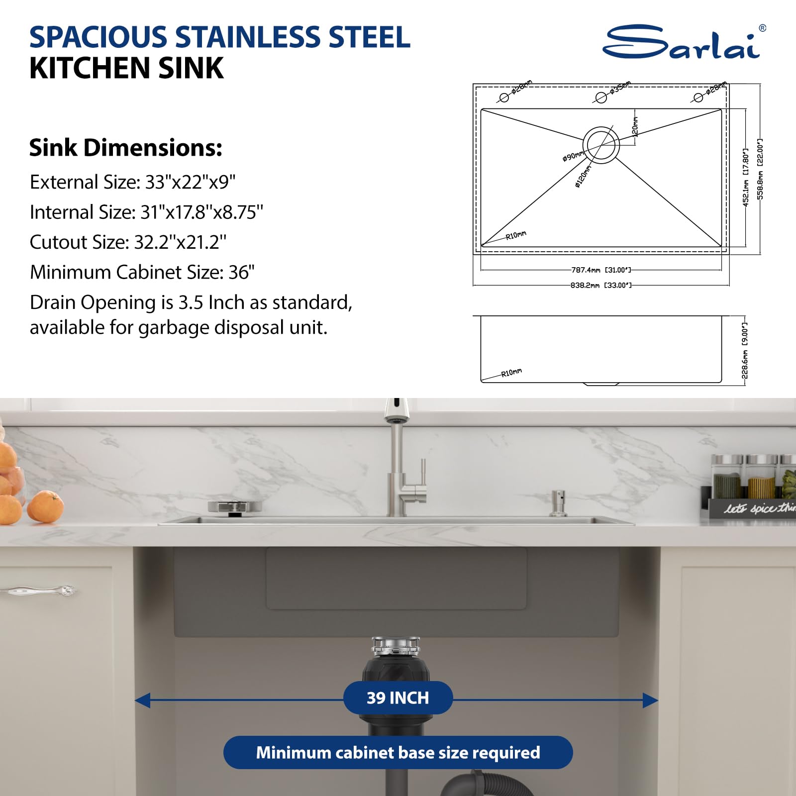 Sarlai 33''x22'' Deep Drop-In Stainless Steel Kitchen Sink, 16 Gauge Topmount Single Bowl with Cup Rinser, Soap Dispenser & Faucet