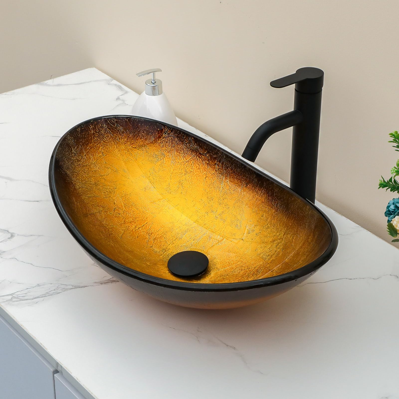 Sarlai 21''x14'' Boat Shape Bathroom Vessel Sink, Modern Artistic Tempered Glass Countertop Basin for Lavatory Vanity Cabinet with Black Faucet & Pop-up Drain Set