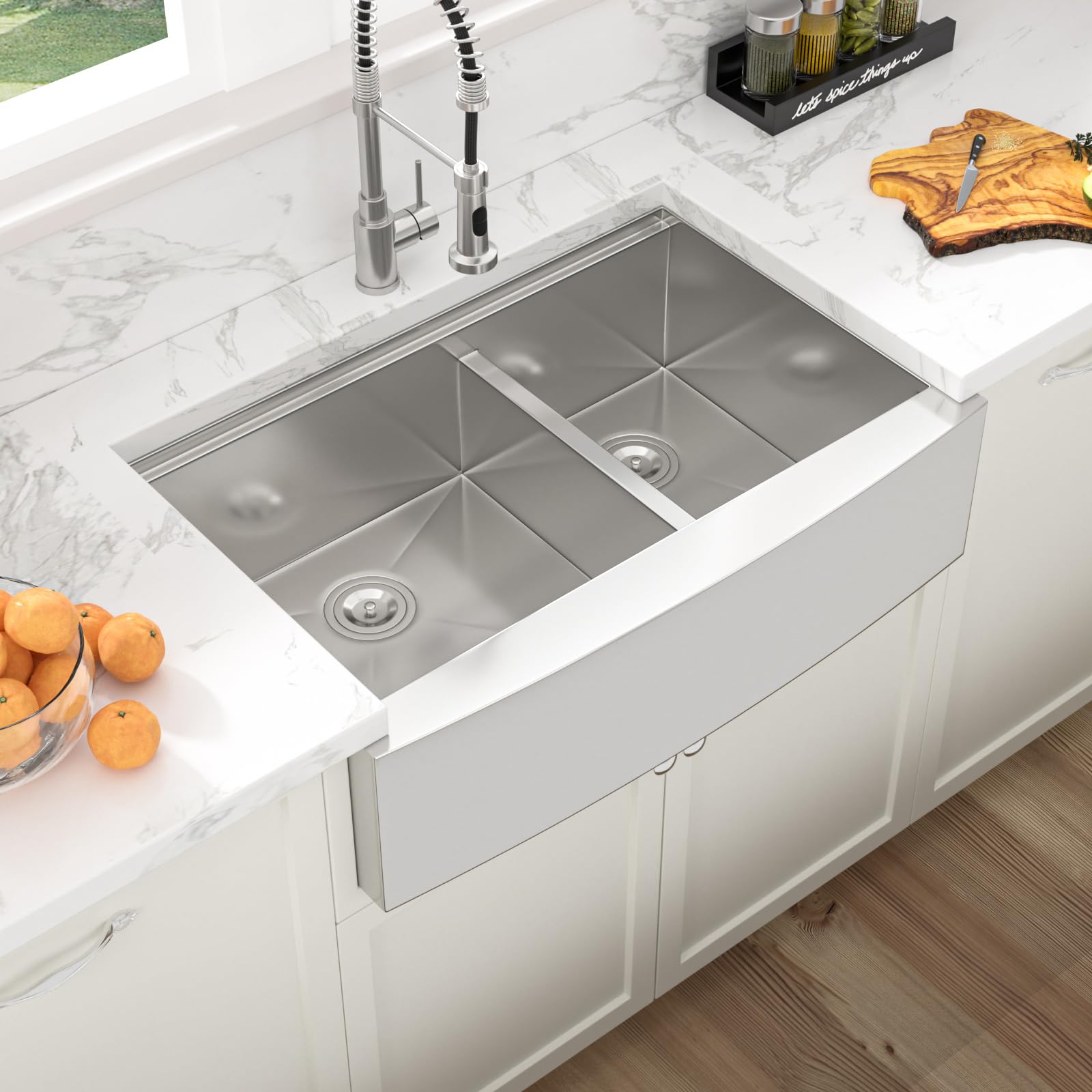 Sarlai 36''x22'' 60/40 Low Divide Double Bowl Stainless Steel Farmhouse Sink, Apron Front Undermount Workstation Farmer Kitchen Basin