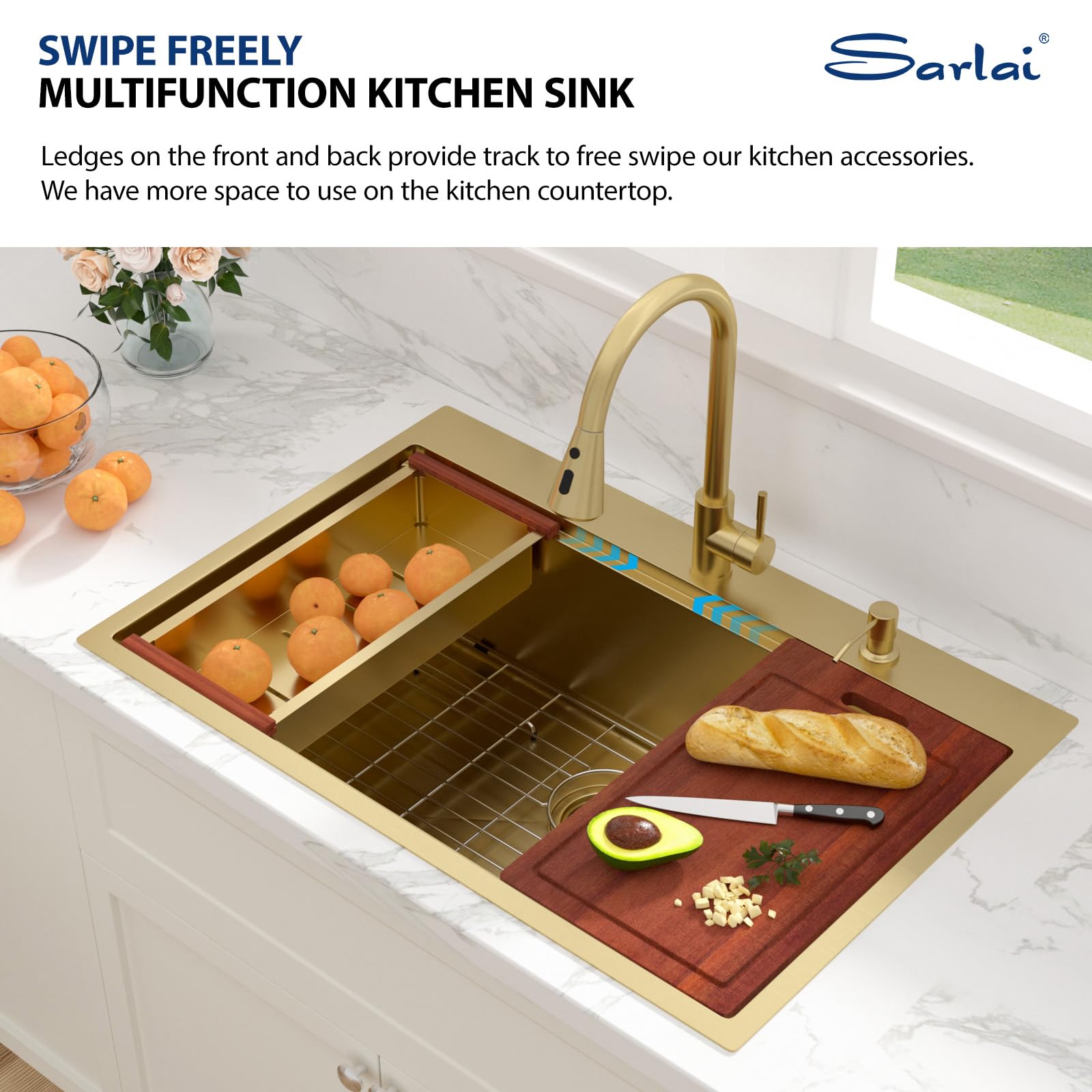 Sarlai 33''x22'' Gold Nano PVD Drop-In Workstation Kitchen Sink, 16 Gauge Stainless Steel Topmount Single Bowl with Pull-out Kitchen Faucet