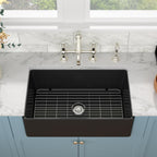 Sarlai 33'' Matte Black Fireclay Farmhouse Sink, Apron Front Single Bowl Ceramic Porcelain Kitchen Farmer Basin