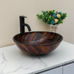 Sarlai 16.5''x16.5'' Brown Artistic Round Tempered Glass Bathroom Vessel Sink, Vanity Countertop Basin with Pop-up Drain