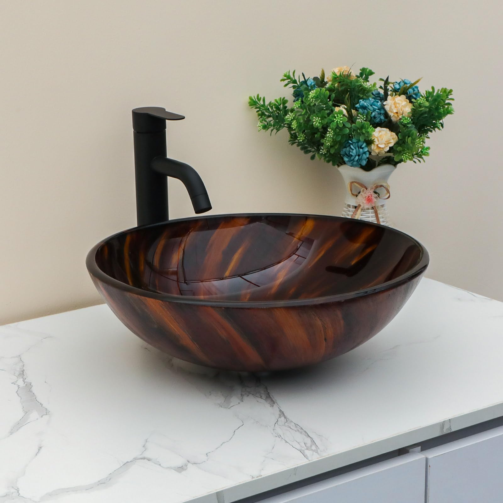 Sarlai 16.5''x16.5'' Brown Artistic Round Tempered Glass Bathroom Vessel Sink, Vanity Countertop Basin with Pop-up Drain