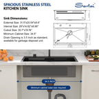 Sarlai 31'' Stainless Steel Single Bowl Topmount Waterfall Workstation Kitchen Sink