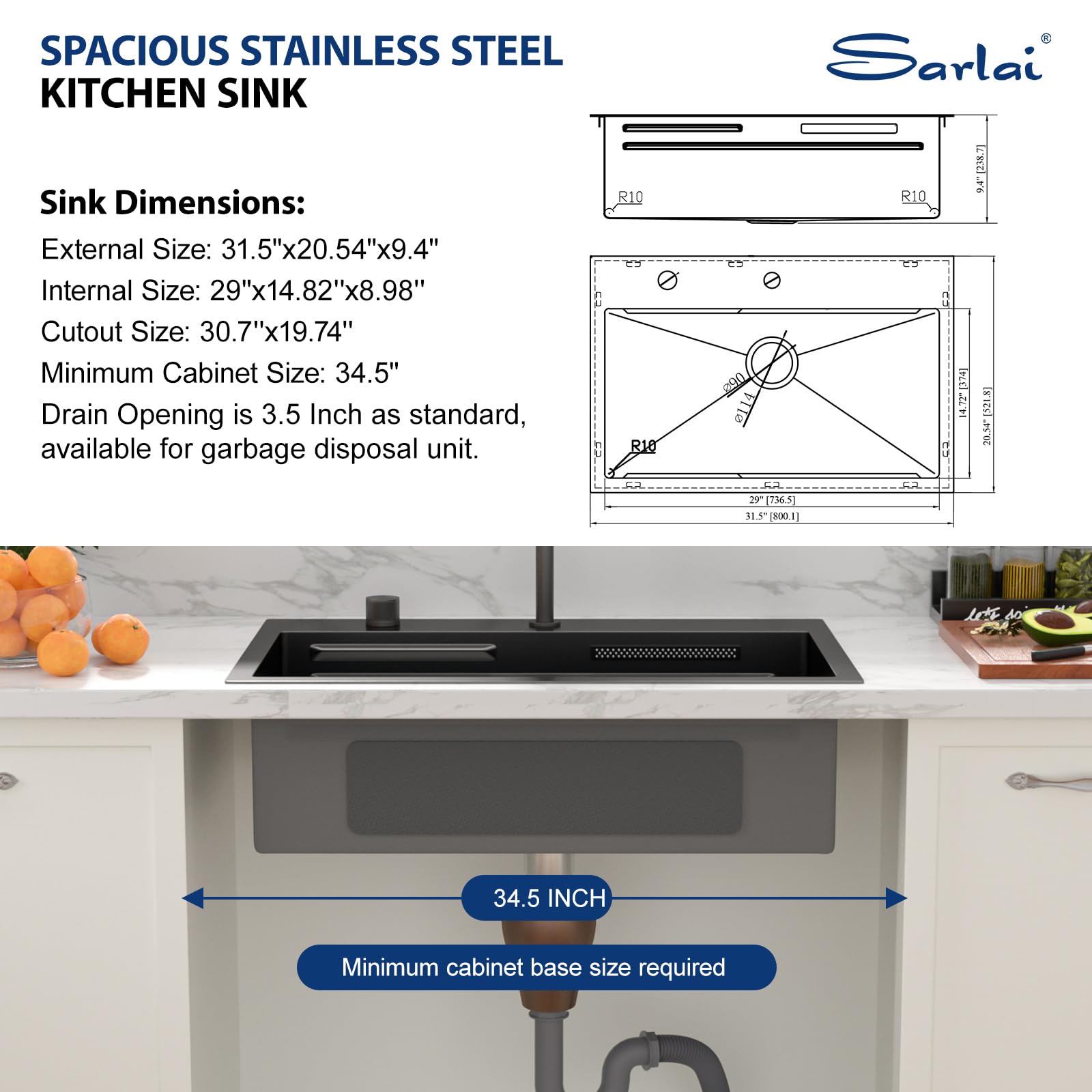 Sarlai 31'' Stainless Steel Single Bowl Topmount Waterfall Workstation Kitchen Sink