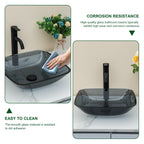 Sarlai 16''x16'' Grey Rectangular Tempered Glass Bathroom Vessel Sink, Countertop Basin with Pop-up Drain Combo