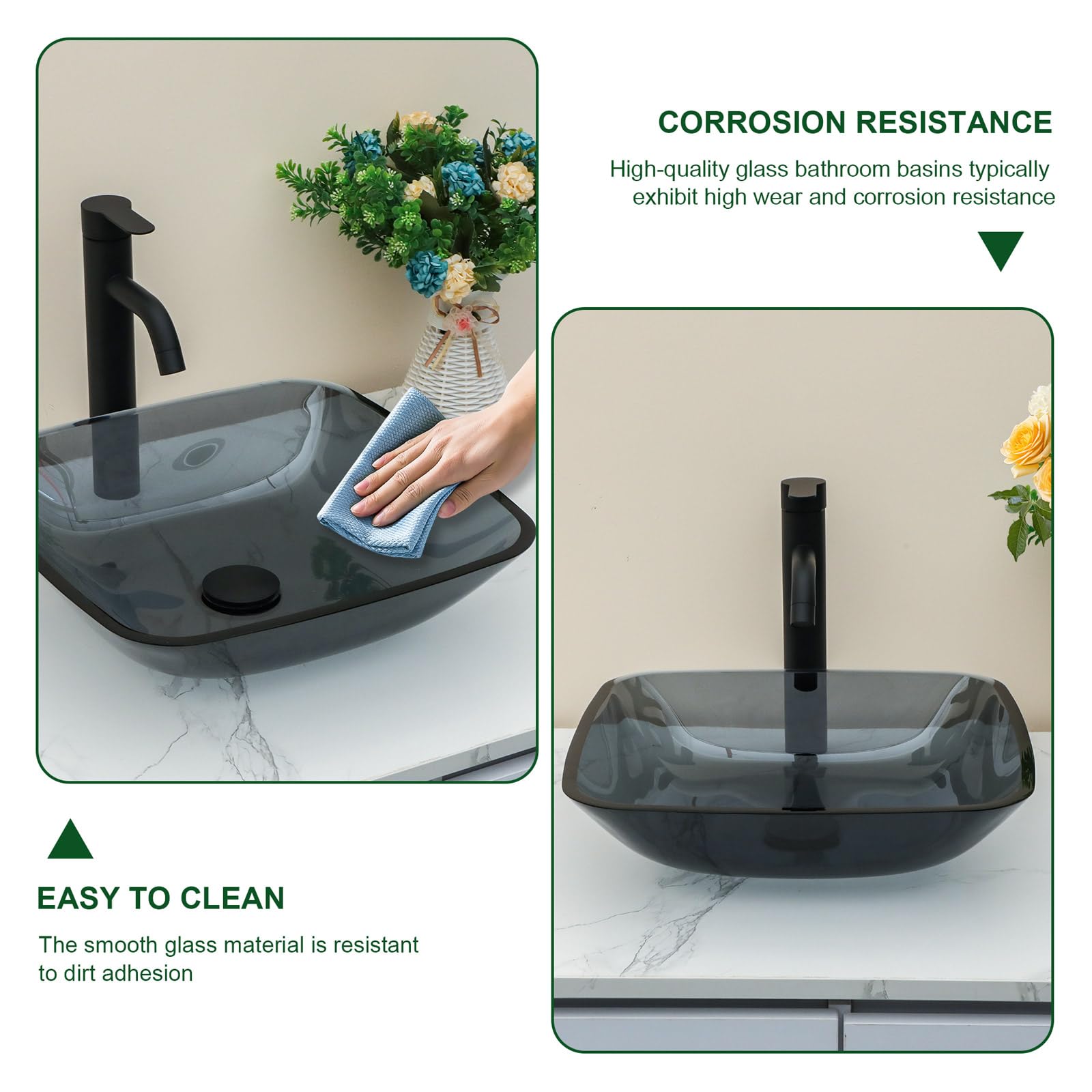 Sarlai 16''x16'' Grey Rectangular Tempered Glass Bathroom Vessel Sink, Countertop Basin with Pop-up Drain Combo