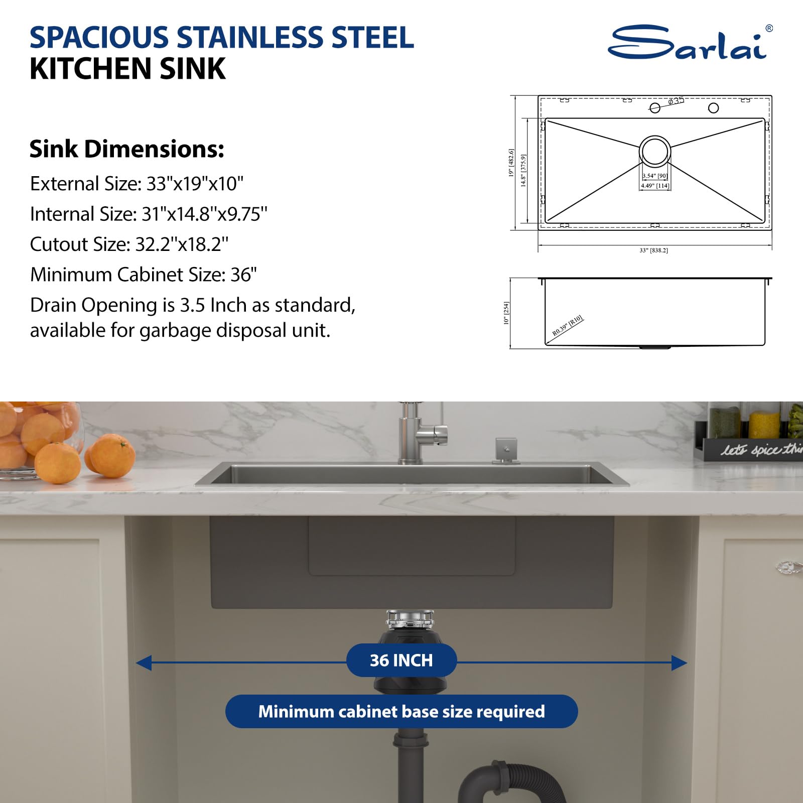 Sarlai 33in Drop In Single Bowl Stainless Steel Kitchen Sink