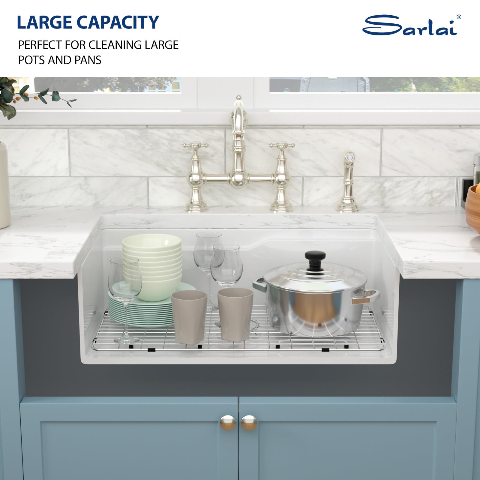 Sarlai 32''x19''x10'' White Fireclay Workstation Kitchen Sink, Dual Mount Undermount & Drop-In Single Bowl Ceramic Basin