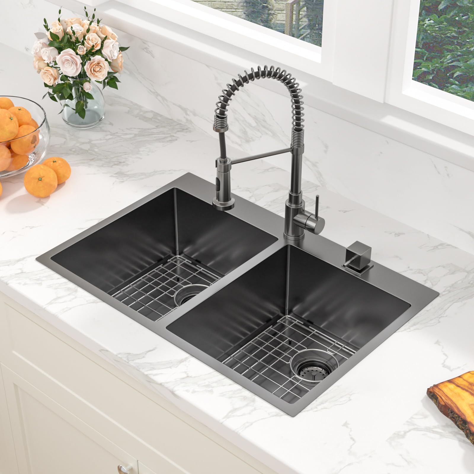 Sarlai 33in Double Bowl 50/50 Black Drop-in Stainless Steel Kitchen Sink