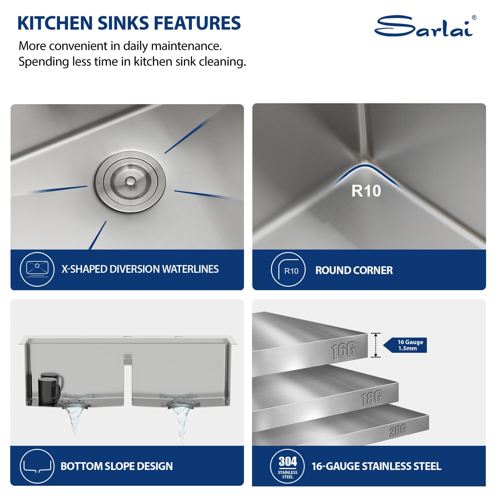 Sarlai 33in Drop In Double Bowl 50/50 Low Divide Stainless Steel Workstation Kitchen Sink
